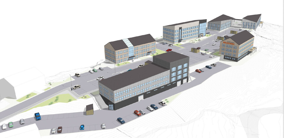Arkitekttegning af byggeprojektet med fem kontorbygninger på Issortarfik.