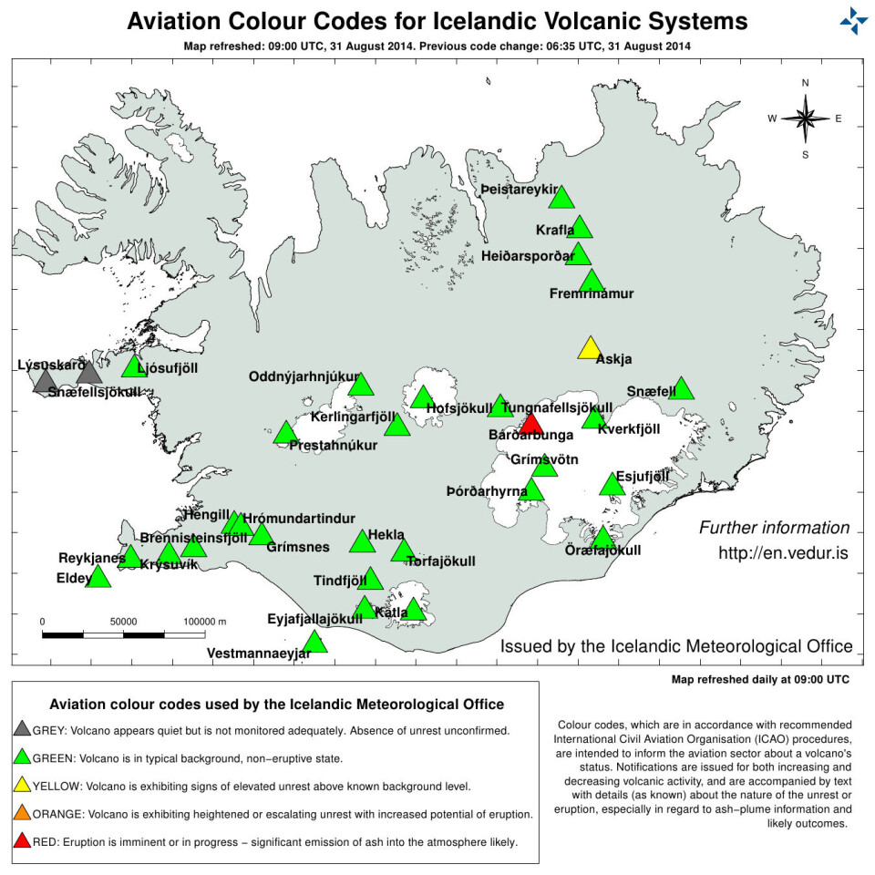 Området over den islandske vulkan Bárðarbunga er efter det ny udbrud søndag igen hævet til rød - det højeste alarmniveau for lufttrafik. Kort, Island, vfulkanudbrud
