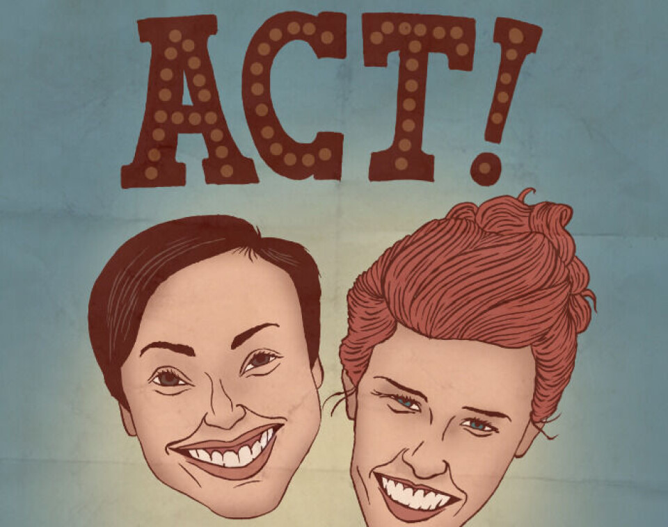 Udsnit af Act!-plakaten med Vivi Sørensen (til venstre) og Wiebke Acton. Illustration: Martin B. Hansen