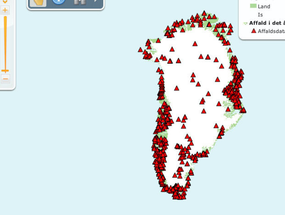 Screenshot af den kortlagte forurening i Grønland.