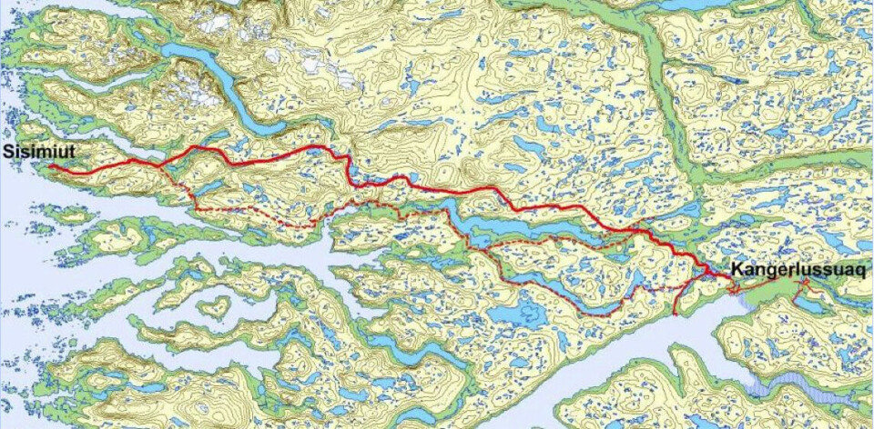 Den planlagte 150 km rute, Arctic Circle Road, mellem Kangerlussuaq lufthavn og Sisimiut