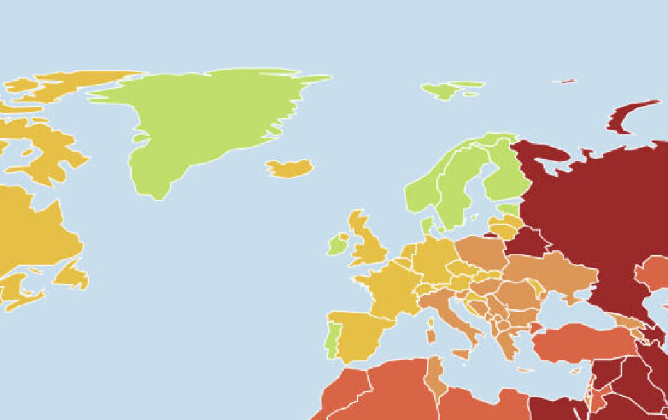 Kun Norge har fået flere point end Danmark og ligger dermed på førstepladsen i indekset, som rangerer i alt 180 lande.