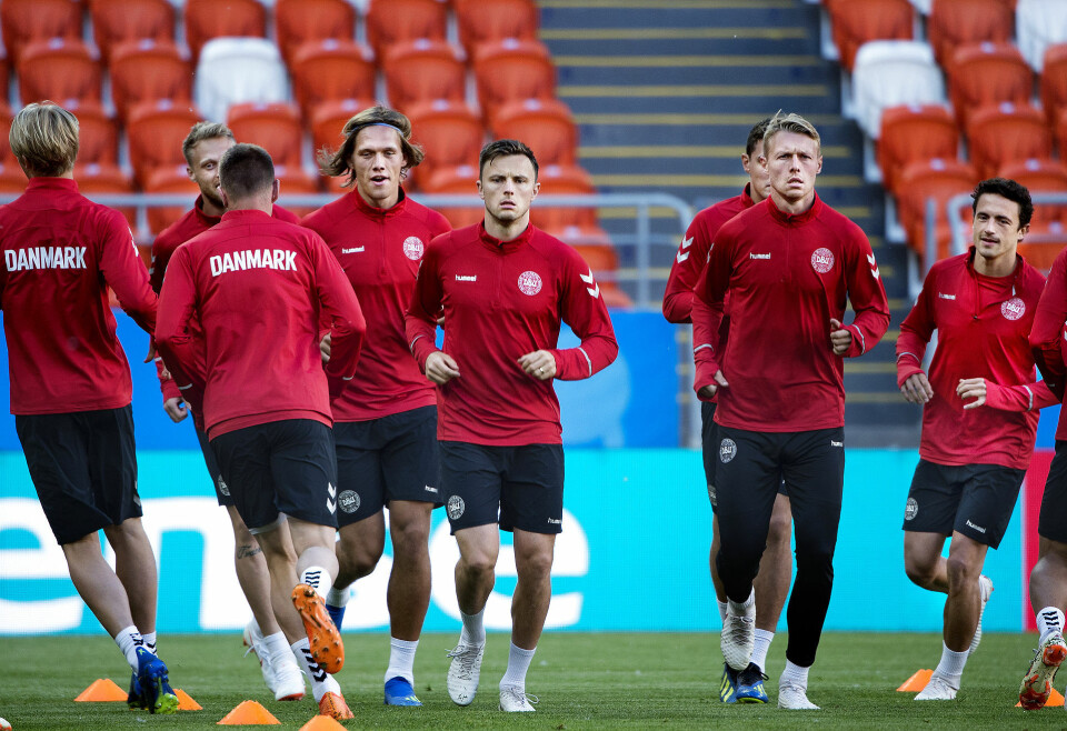 Jannik Vestergaard, William Kvist, Simon Kjær og Thomas Delaney under Danmarks træning på Mordovia Arena i Saransk , fredag den 15 juni 2018.