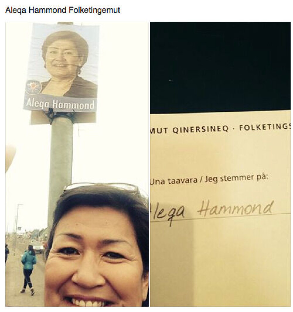 Aleqa Hammonds opslag på Facebook FacebookSiumuts Aleqa Hammond viser tydeligt den udfyldte stemmeseddel frem, inden den ryger i stemmeboksen. Og det må man ikke Leiff JosefsenAleqa Hammonds opslag på Facebook FacebookSiumuts Aleqa Hammond viser tydeligt den udfyldte stemmeseddel frem, inden den ryger i stemmeboksen. Og det må man ikke Leiff JosefsenAleqa Hammonds opslag på Facebook FacebookSiumuts Aleqa Hammond viser tydeligt den udfyldte stemmeseddel frem, inden den ryger i stemmeboksen. Og det må man ikke Leiff Josefsen