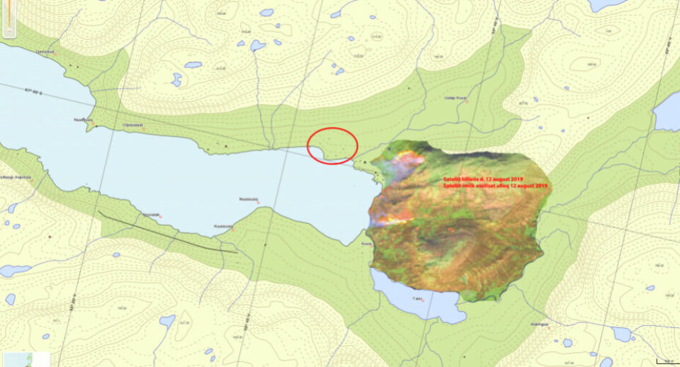 Illustrationen viser brandens udbredelse. Dem røde cirkel viser de hytter, hvor der nu sklal fjernes brændebare materialer.