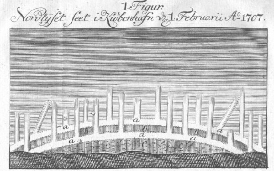 Nordlyset over København i 1707 tegnet efter Ole Rømers beskrivelse af nordlysbuer med opadgående stråler. DMI