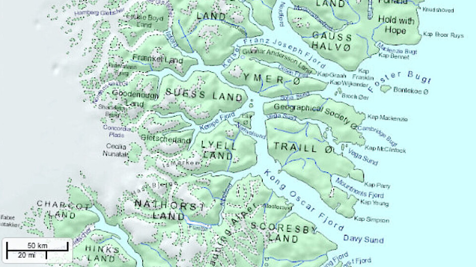 Geus er nu klar med et web-baseret, interaktivt kort over det nordlige Østgrønlands stednavne. Grafik: Geus