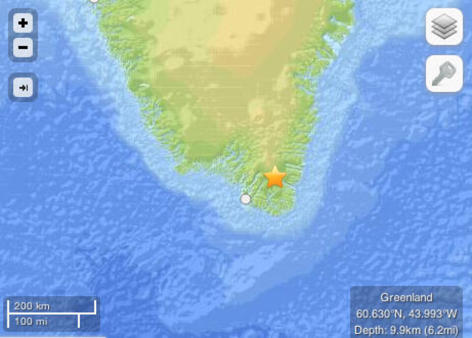 Der blev torsdag morgen registreret rystelser, der målte 4,6 på richterskalaen, 87 kilometer nordøst for Nanortalik. Grafik: http://earthquake.usgs.gov/