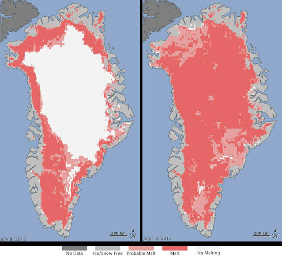 Kort over afsmeltningens udbredelse den 8. juli viste, at omkring 40 procent af indlandsisen er berørt. Blot fire dage senere var smeltearealet vokset til 97 procent. Grafik: Nasa