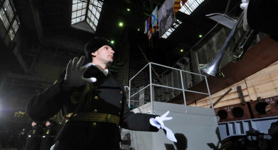 Officiel ceremoni, da konstruktionen af fregatten 'Admiral Kasatonov' blev på begyndt.