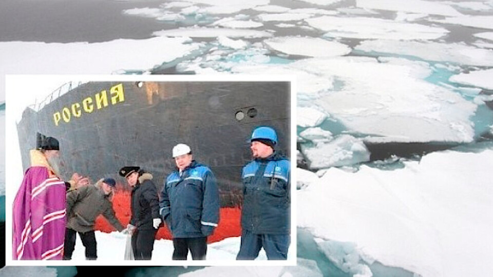 Russisk ortodoks biskop Iakov af Naryan-Mar velsigner her Nordpolen, da russisk ekspeditionsskib den 13. september var på netop Nordpolen. Foto: http://www.arh-eparhia.ru/news/