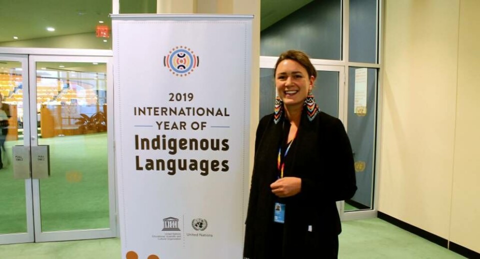 2019 er det international år for oprindelige folks sprog – her ses Mira Kleist ved lanceringen i FN.