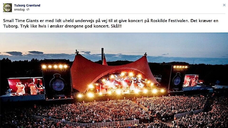 Small Time Giants er overrasket over, at bandet bliver brugt i en Facebook-opdatering fra Tuborg Grønland. Foto: Screendump fra Facebook