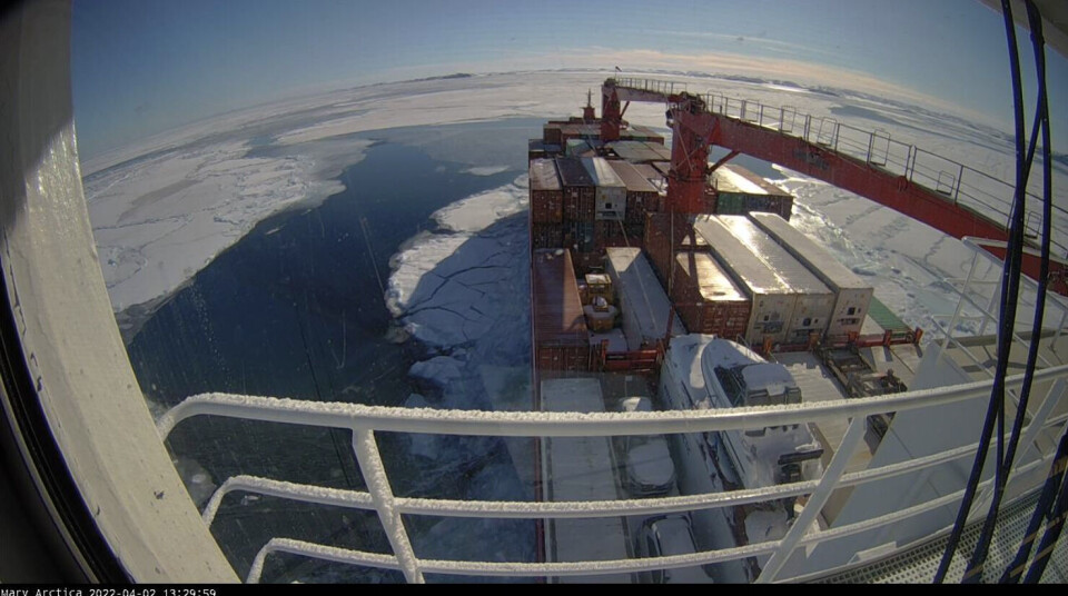 Billedet er fra lørdag formiddag. Skibet nærmer sig Aasiaat. Mary Arcticas webcam